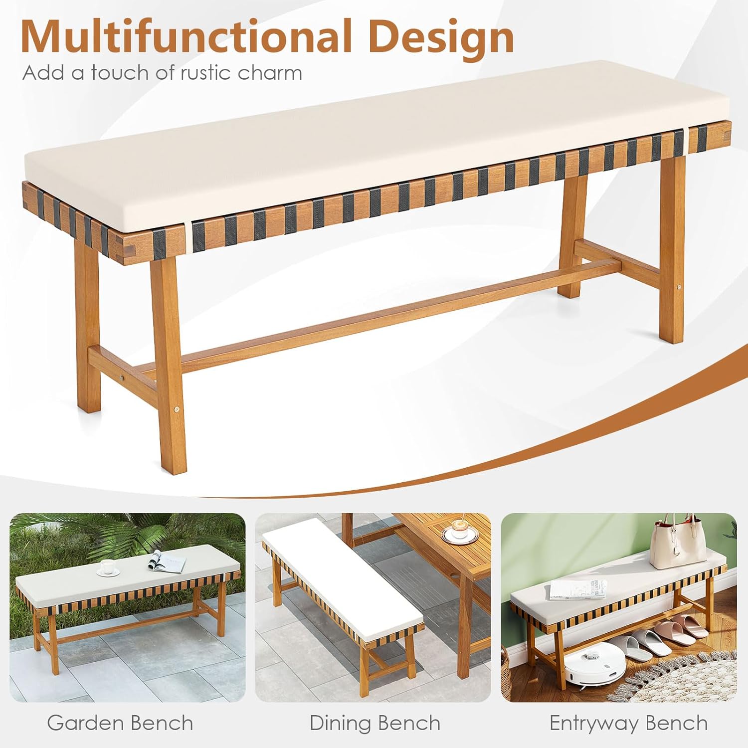Tangkula Acacia Wood Outdoor Bench with Padded Cushion, 48" Long Dining Bench with Washable Zippered Cover, Backless Wooden Entryway Bench, Garden Poolside Porch Balcony Deck Indoor Furniture (1)