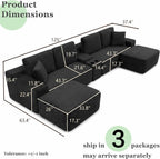 125" Oversized Sectional Couches for Living Room, Modern Boneless Cloud Couch with Ottoman,USB Port&Cup Holders, Comfy Corduroy Modular Sectional U Shape Sofa Couch for Apartment,Black Couch in a Box