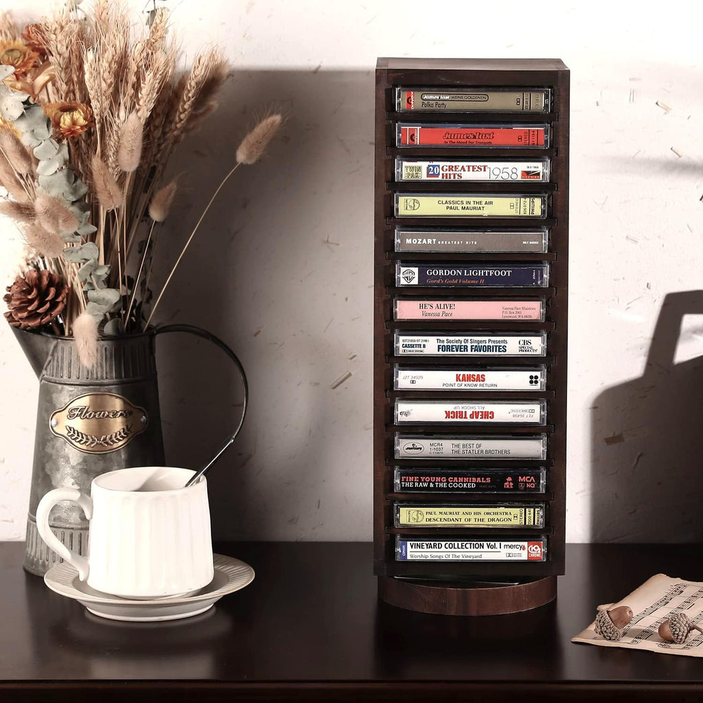 FARM IN Cassette Tape Storage, 360-Degree Rotatable Design Farmhouse Style Cassette Rack Tower, Double-Sided 28-Slot, Rustic Solid Burnt Wood & Diamond Metal Wire Mesh