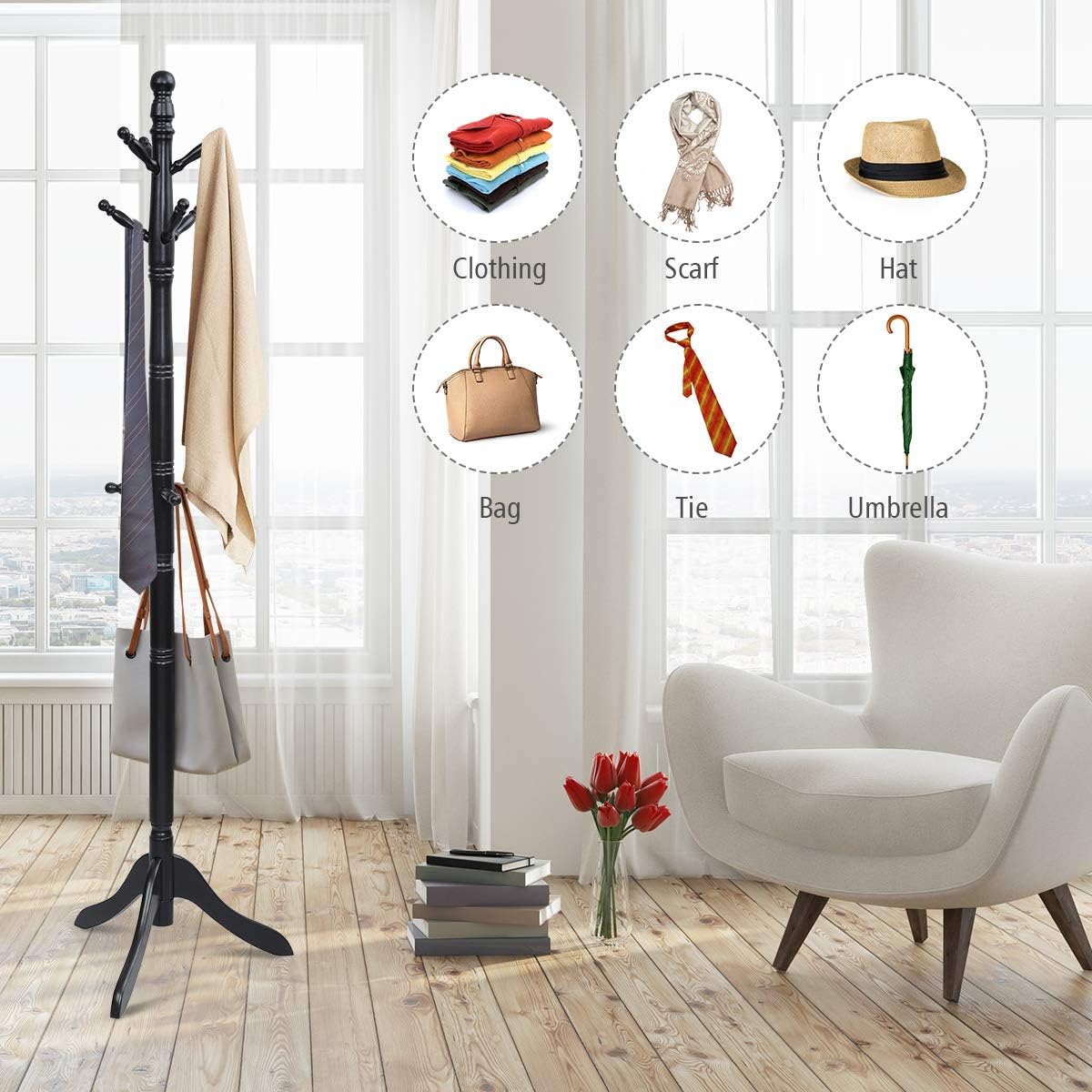 Tangkula Wood Coat Rack Freestanding, Entryway Height Adjustable Coat Stand with 9 Hooks & Stable Tri-Legged Base, Rubber Wood Coat Tree Hall Tree Coat Hanger Stand for Home Office Hall Entryway