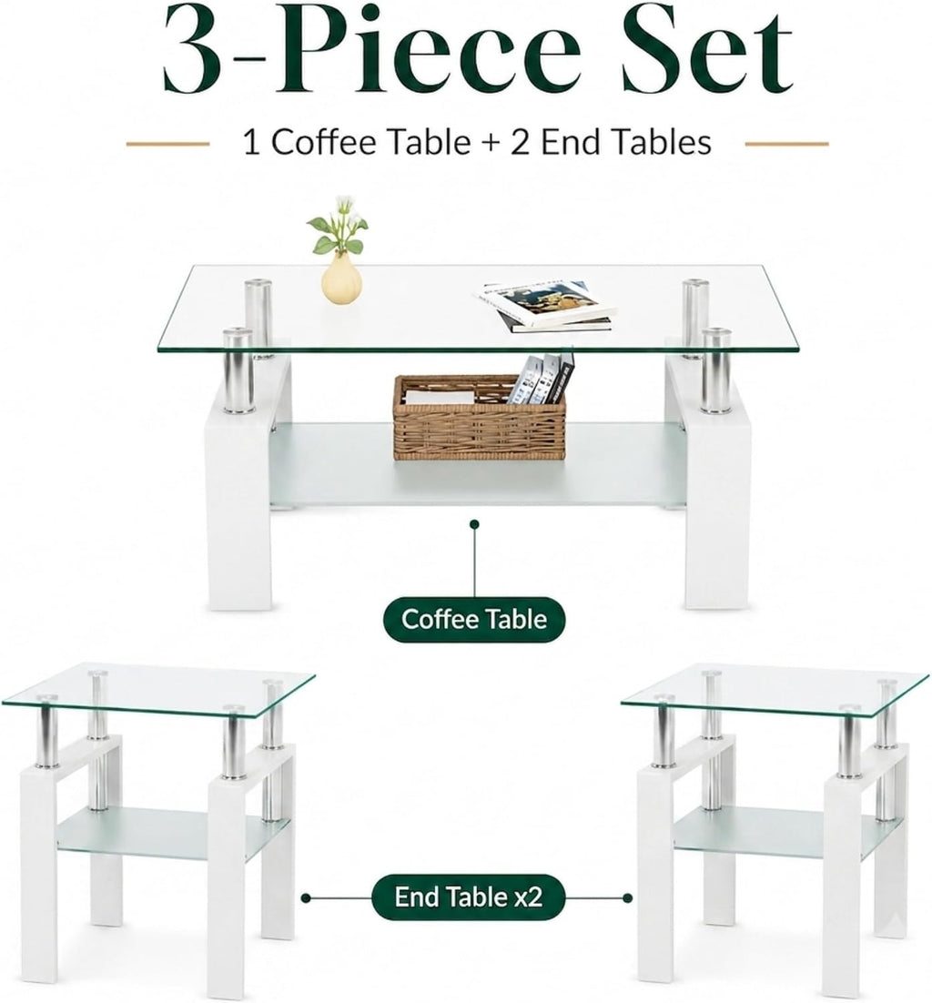 Meihua Glass Coffee Table and End Table Set of 3, Modern Living Room Table Set with Tempered Glass & Metal Frame, Double-Layer Side Tables (Clear Glass + White Leg, Set of 3)