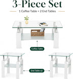Meihua Glass Coffee Table and End Table Set of 3, Modern Living Room Table Set with Tempered Glass & Metal Frame, Double-Layer Side Tables (Clear Glass + White Leg, Set of 3)