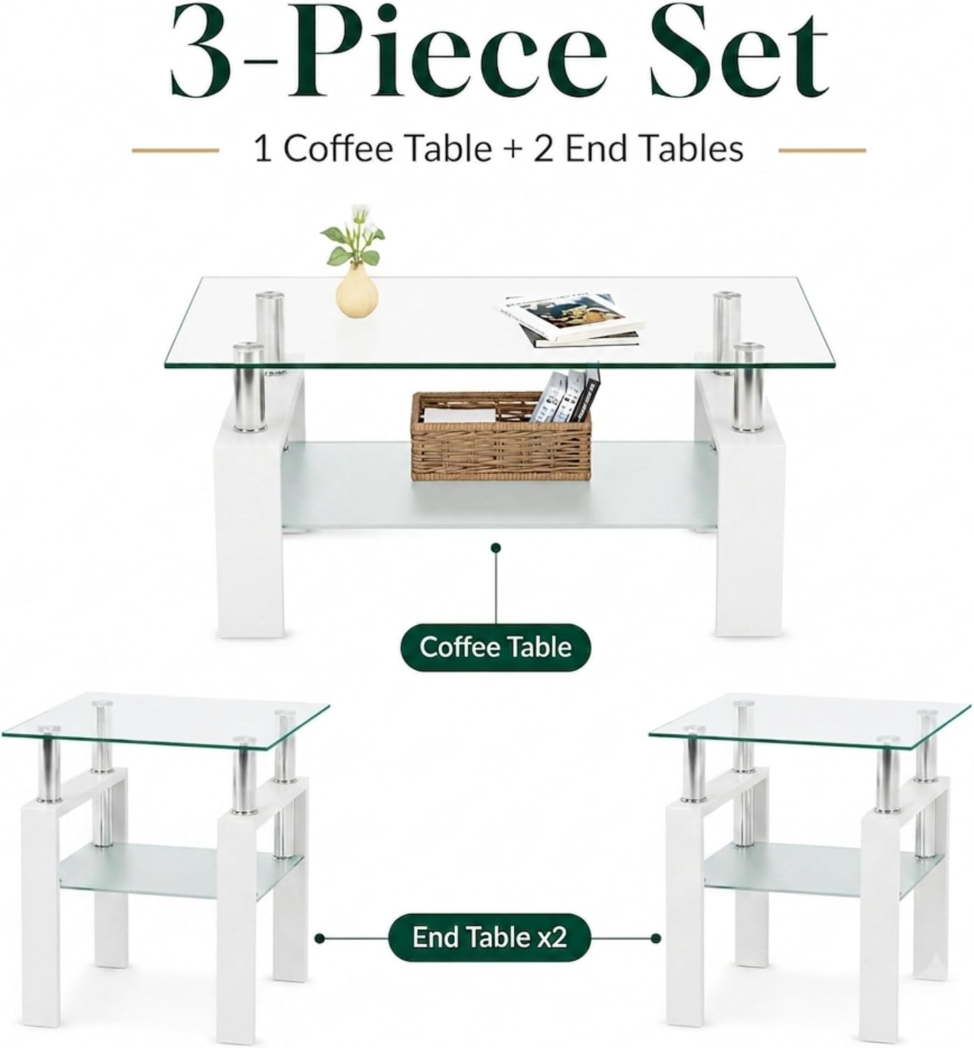 Meihua Glass Coffee Table and End Table Set of 3, Modern Living Room Table Set with Tempered Glass & Metal Frame, Double-Layer Side Tables (Clear Glass + White Leg, Set of 3)