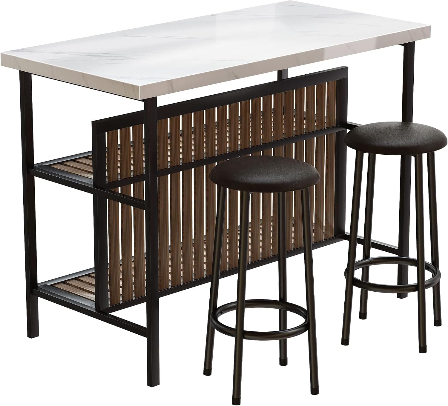 Recaceik 3 Piece Pub Set, Rectangular 2 Bar Stools, Faux Marble Dining Room Set of 2, Modern Counter Height Table with Storage, Kitchen Island with Seating, White