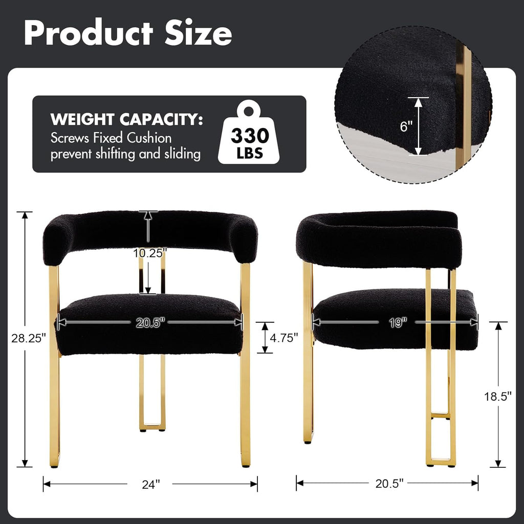Hyfirm Set of 4 Modern Black Boucle Dining Chairs with Gold Metal Legs, Mid Century Accent Upholstered Barrel Armchairs with Open-Back for Kitchen, Dining Room, Living Room, Apartment