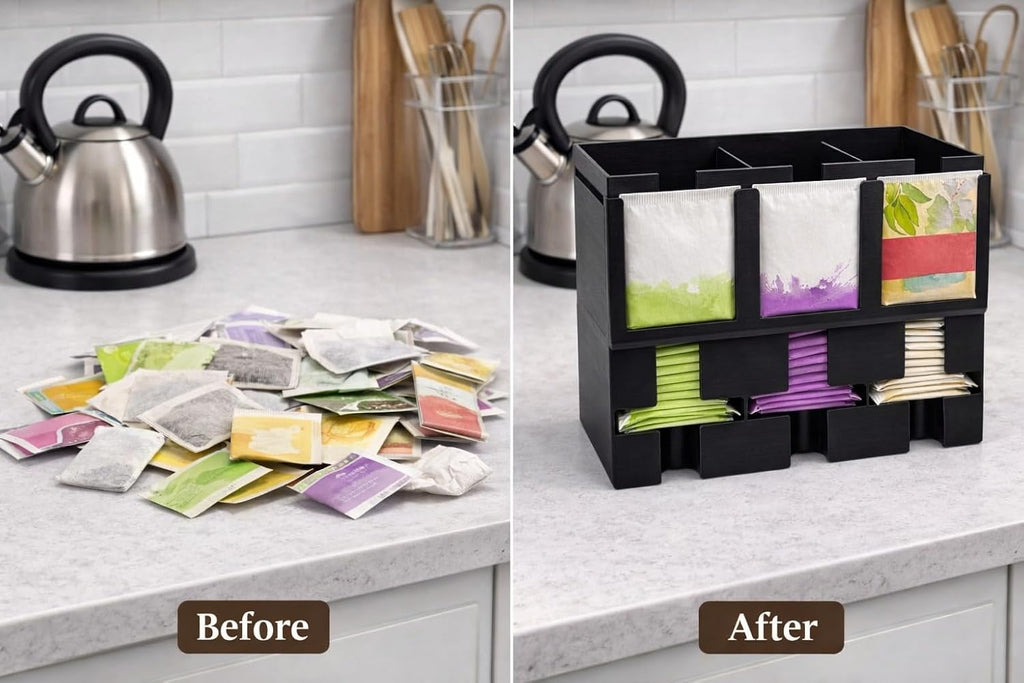 Tea Bag Organizer – 3 Compartment Tea Bag Holder & Dispenser, Holds 90+ Tea Bags, Tea Storage Organizer for Countertop, Cabinet, Coffee Bar or Kitchen - Made In The USA