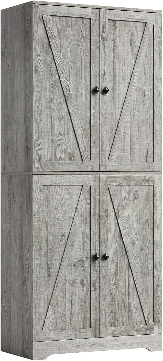 LYNSOM Farmhouse Storage Cabinet 72" Tall, Kitchen Pantry Cabinet with 4 Barn Doors and Adjustable Shelves, Freestanding Storage Cabinets for Kitchen, Grey