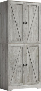 LYNSOM Farmhouse Storage Cabinet 72" Tall, Kitchen Pantry Cabinet with 4 Barn Doors and Adjustable Shelves, Freestanding Storage Cabinets for Kitchen, Grey