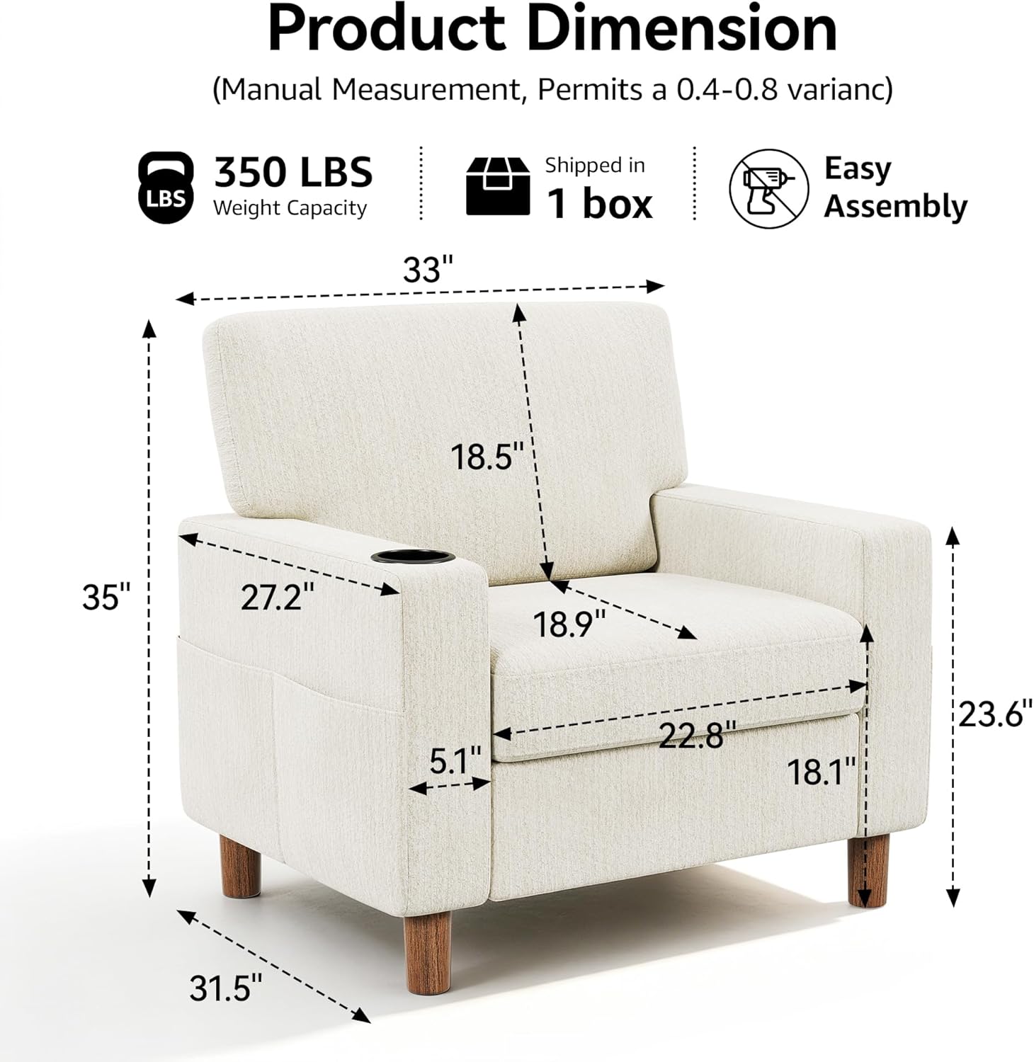 Mid Century Modern Accent Chairs Set of 2, Chenille Comfy Living Room Arm Chairs with Cup Holder, Cozy Single Sofa Reading Nook Chair for Bedroom, Easy Assembly Required, Off White