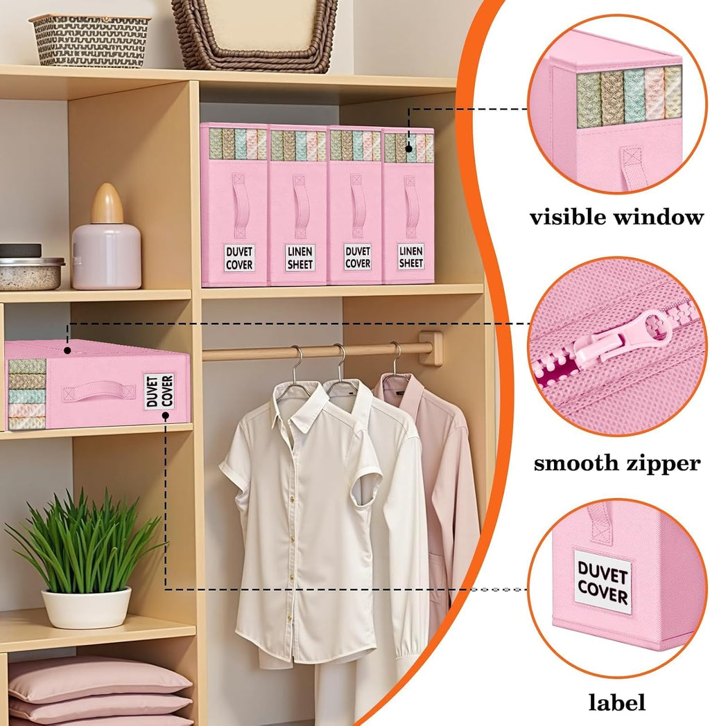 WOWBOX Sheet Organizers and Storage,Closet Bed Sheet Organizer Under Bed Storage and Organization with Label Cards & Clear Window for Bedding Sheets,Duvet Covers,Blankets (6 Pack，Pink)