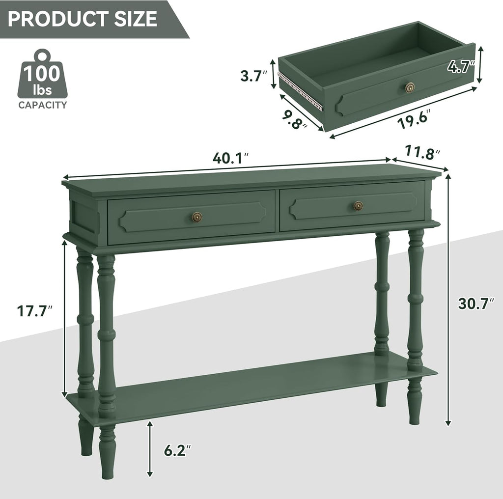 Console Table with 2 Drawers & Open Shelf, Green Retro Entryway Table with Storage Cabinets, Narrow Long Couch Table Behind Sofa for Living Room, Foyer, Hallway