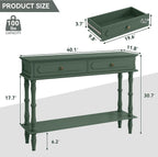 Console Table with 2 Drawers & Open Shelf, Green Retro Entryway Table with Storage Cabinets, Narrow Long Couch Table Behind Sofa for Living Room, Foyer, Hallway