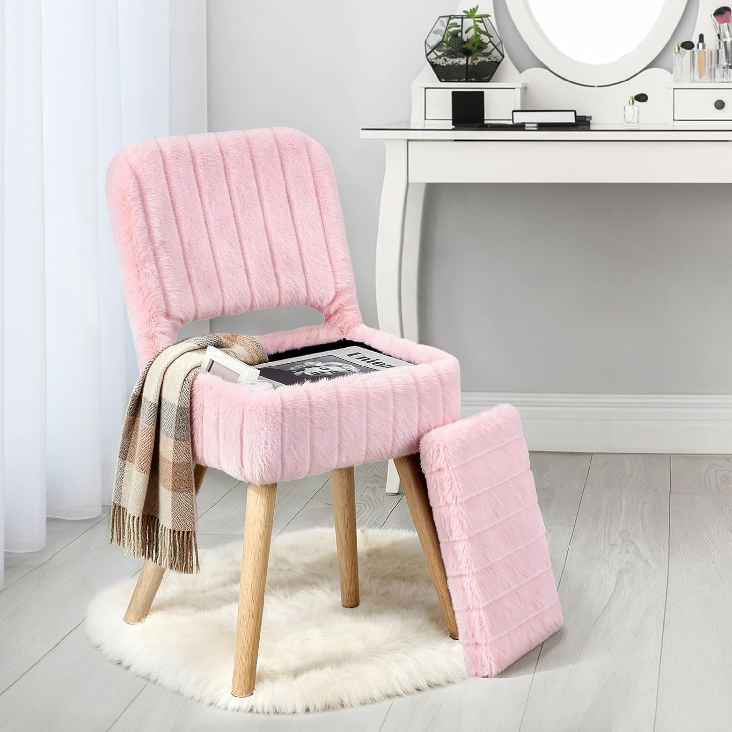 Vanity Stool Chair with Storage & Folding Back, Faux Rabbit Fur Soft Padded Seat Ottoman, 4 Solid Wood Legs Anti-Slip Feet, Small Stool for Vanity Desk for Makeuproom, Bedroom 15.7”x12.5”x28.7”（Pink）