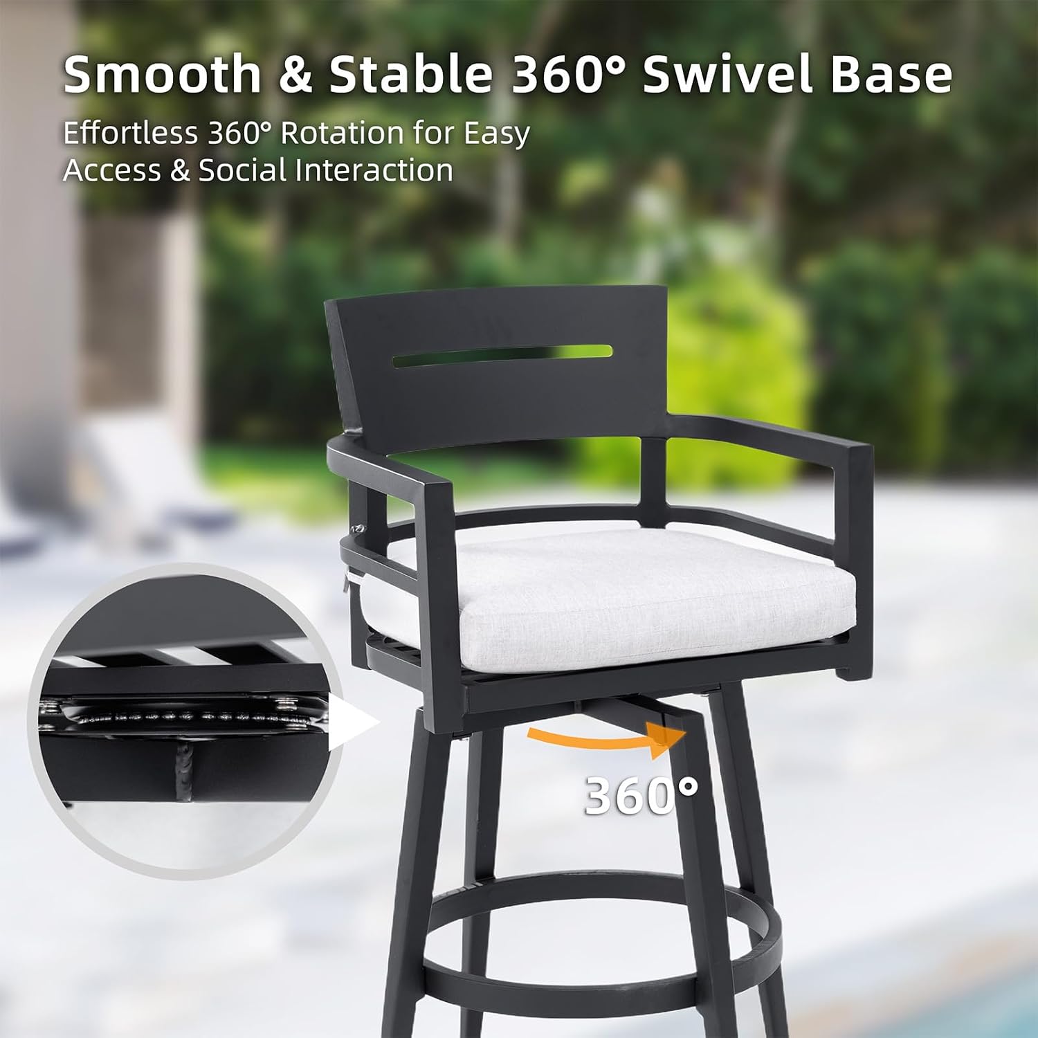 Modern Outdoor Bar Stools Set of 2 Swivel Patio Bar Chairs with 360° Rotation and Cushion with Sunbrella Fabric Weather-Resistant Aluminum Frame Patio Bar Stool for Deck Garden