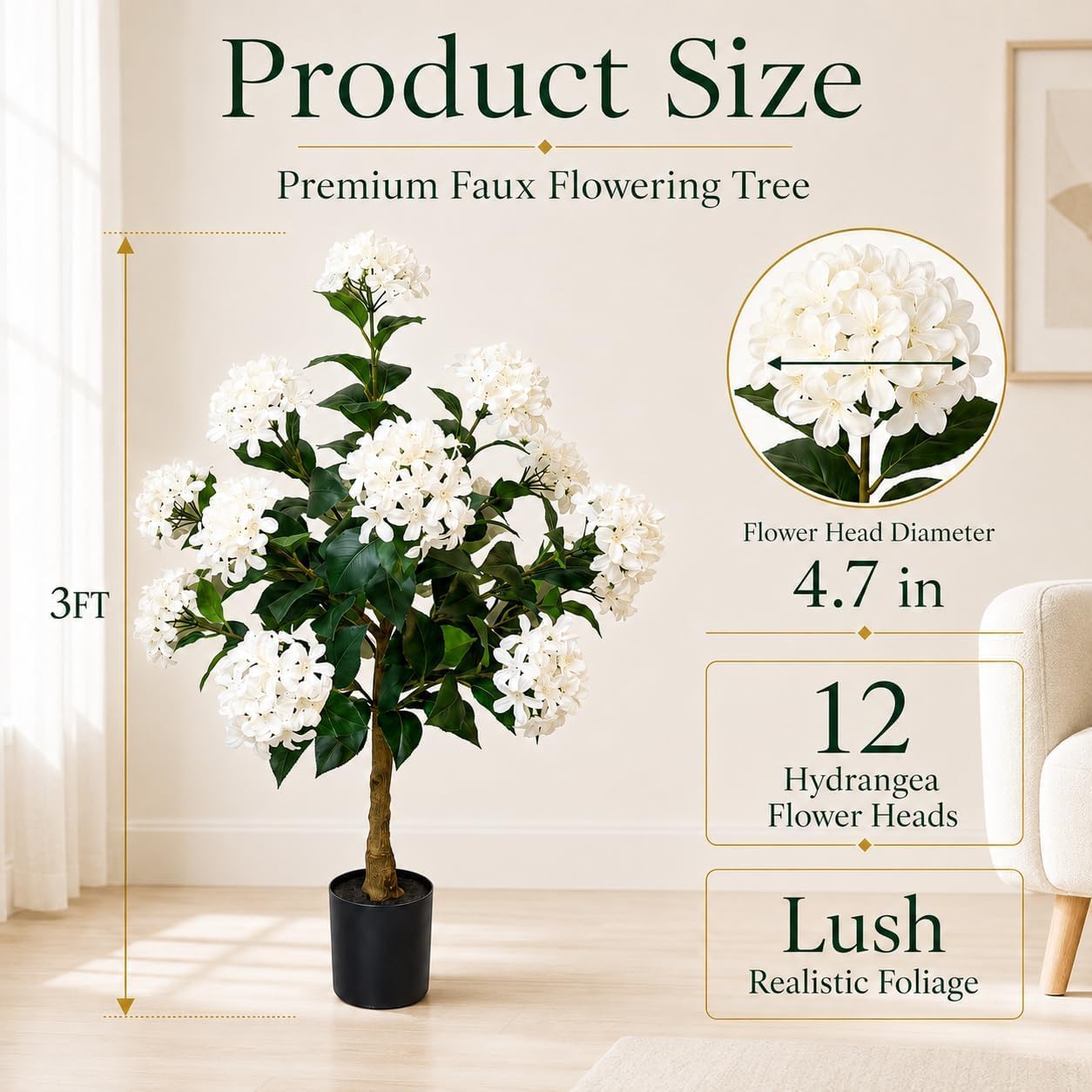 2Pack 3FT Artificial Hydrangea Trees, Faux Hydrangea Plants in Pot with White Flowers, Realistic Hydrangea Topiary Trees for Indoor Outdoor, Garden, Porch, Patio, Home Decor