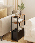 Narrow Side Table End Table, 3-Tier Side Table with Storage Bag, Narrow Nightstand for Small Spaces, Bedside Table for Living Room, Bedroom, Rustic Brown