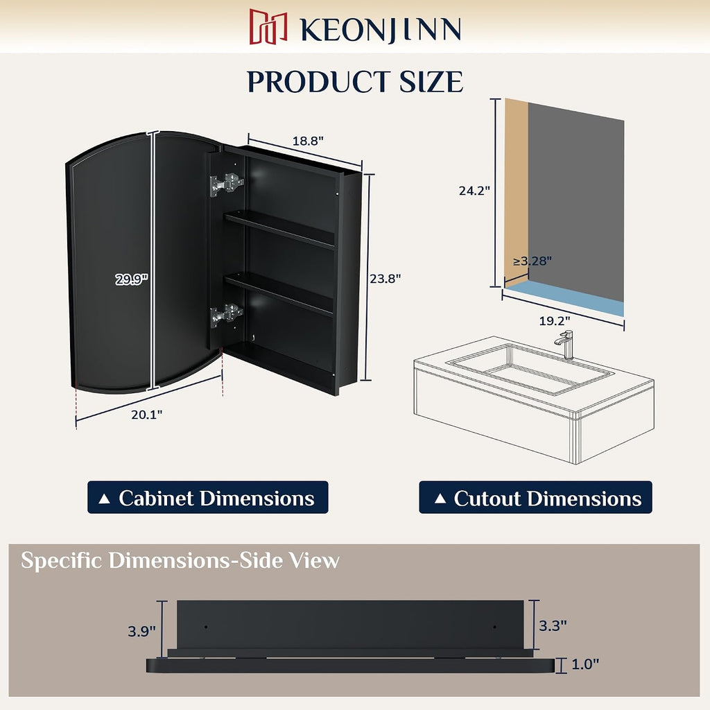 Keonjinn Black Medicine Cabinet with Mirror 20” x 30”, Metal Framed Wall Cabinet with Beveled Mirror, Surface Mount or Recessed Arched Medicine Cabinet for Bathroom,Bathroom Mirror with Storage