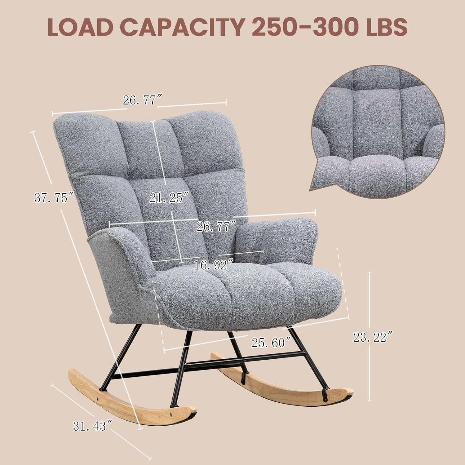 SAETSFEG Rocking Chair Nursery Teddy Upholstered Glider Rocker Rocking Accent Chair Padded Seat with High Backrest Armchair Comfy Side Chair for Living Room Bedroom Offices (Darkgrey Teddy)