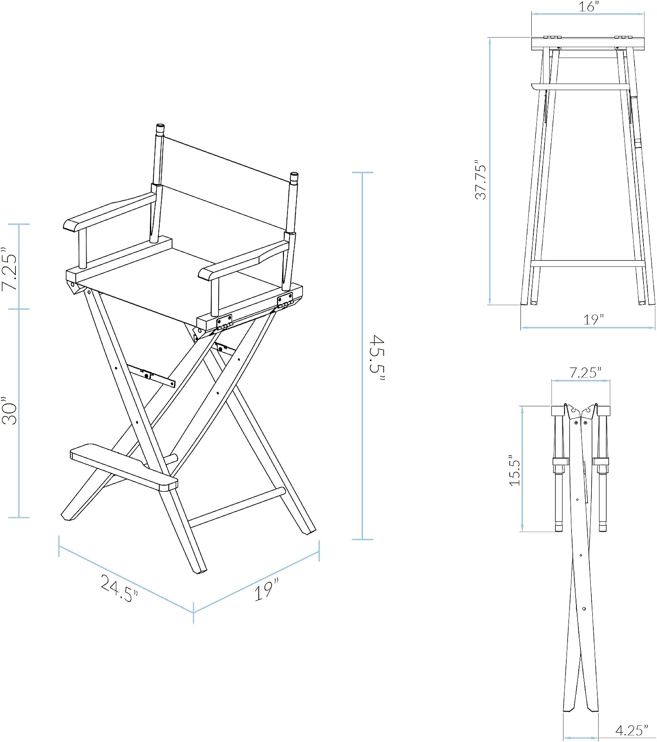 Casual Home American Trails Extra-Wide Premium Directors Chair 30" H Bar Height Black Frame Black Canvas