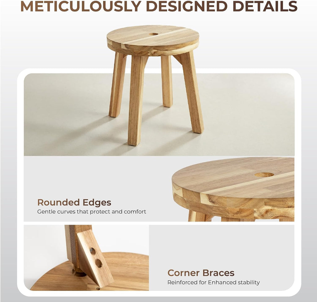 ARROWSTONE Wooden Round Stool 12 inches with Handle Hole – Solid Wood for Bathroom, Kitchen, Patio, Makeup stools & Indoor uses, Compact & Water-Resistant