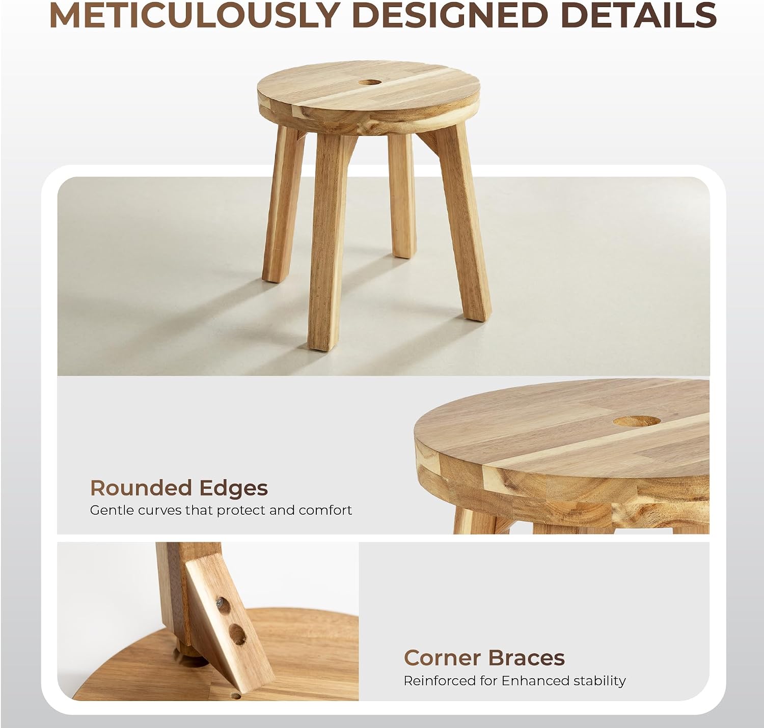 ARROWSTONE Wooden Round Stool 12 inches with Handle Hole – Solid Wood for Bathroom, Kitchen, Patio, Makeup stools & Indoor uses, Compact & Water-Resistant