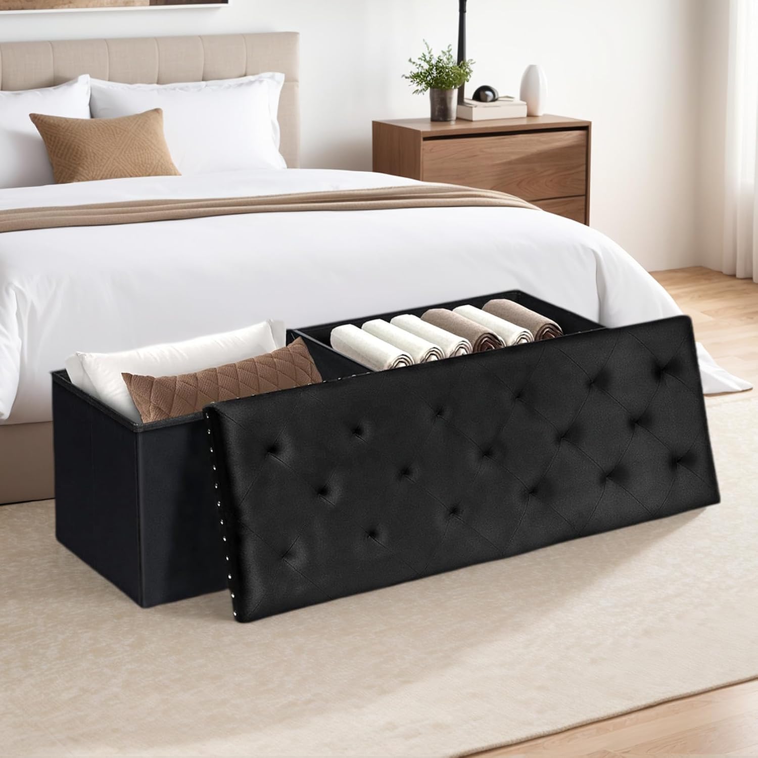 Velvet Storage Ottoman Bench, 43.3" Upholstered Tufted Ottoman with Storage, Folding Footrest Bench for Bedroom, Living Room, or Entryway, Black