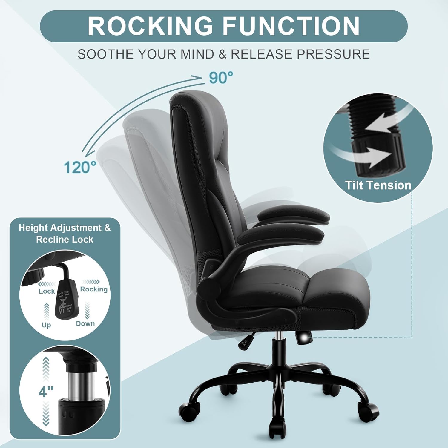 Executive Office Chair,High Back Ergonomic Comfy Desk Chair with Padded Flip-up Armrests and Wheels,PU Leather Heavy Duty Computer Swivel Rolling Task Chair for Home Office,Adults,Black