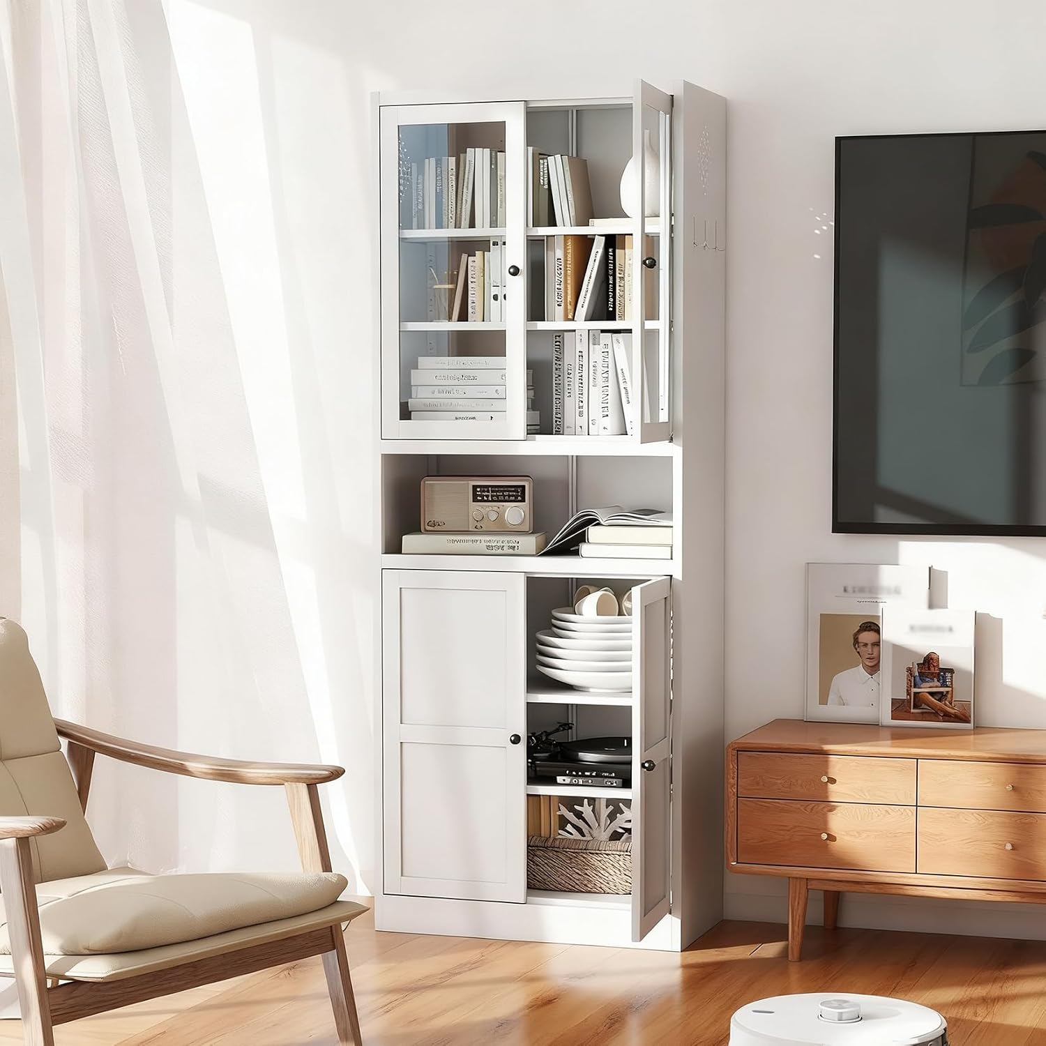 27.56” Metal Pantry Cabinet, 72" H Kitchen Pantry Storage Cabinet with 4 Doors and Adjustable Shelves, Freestanding Buffet Cupboards for Living Room and Dinning Room, White B