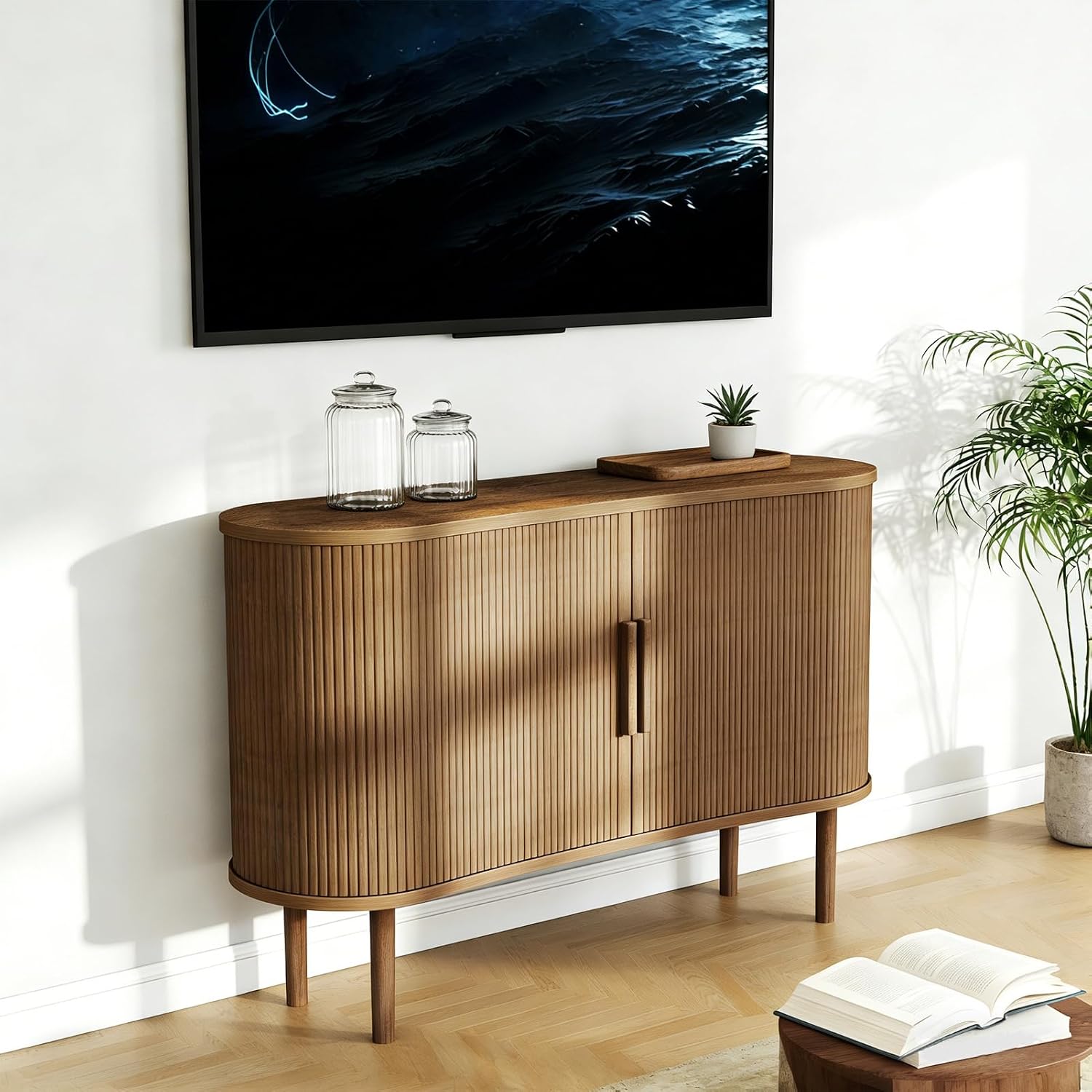 Mid-Century Modern Sideboard Buffet Cabinet, 55" Storage Cabinet with 4 cabinets, Decorative Fluted Sliding Doors for Bedroom Dining Room Small Space, Walnut Finish, Walnut