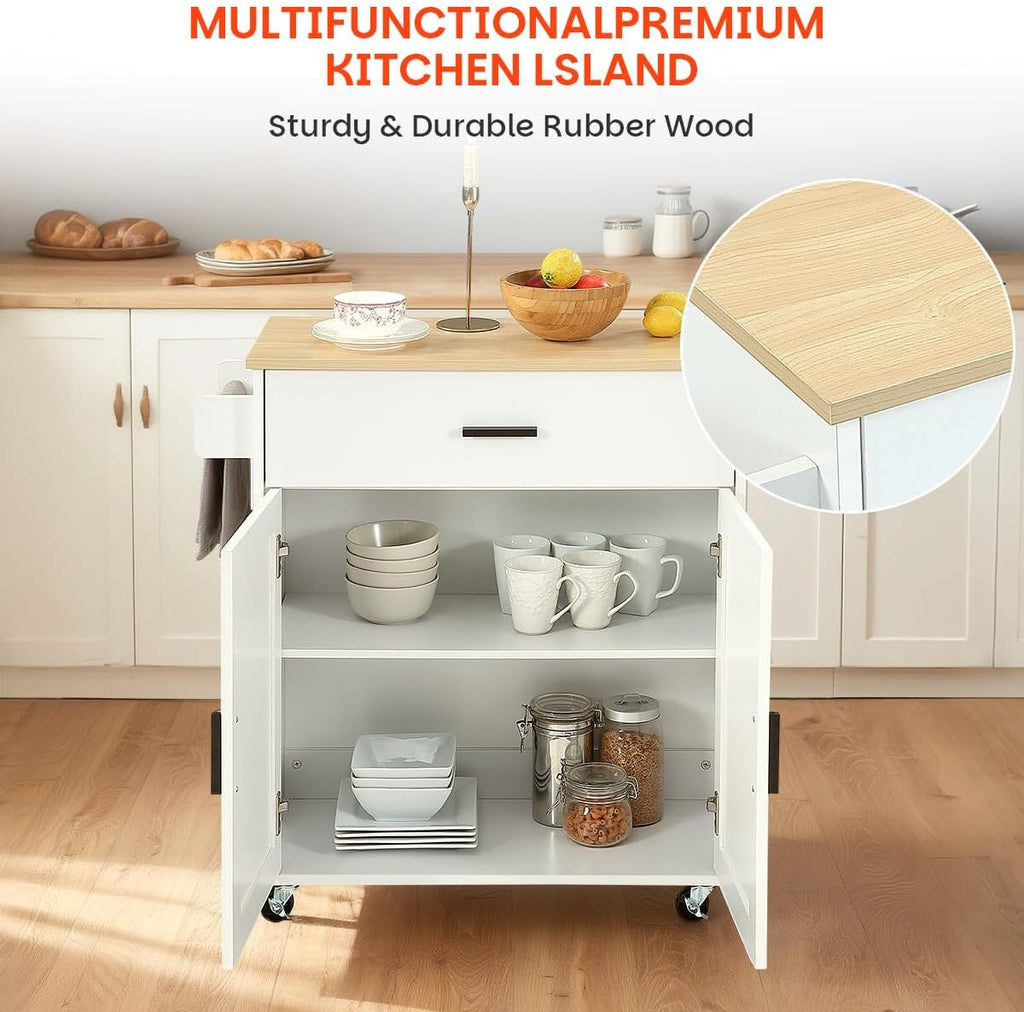 Kitchen Island with Storage, Rolling Kitchen Island on Wheels with Scalable,Open Spice Rack Shelf, Door Cabinet，Kitchen Cart Island Table for Kitchen, White