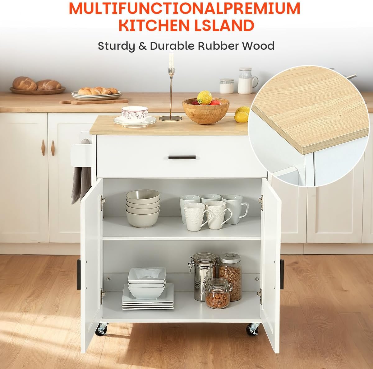 Kitchen Island with Storage, Rolling Kitchen Island on Wheels with Scalable,Open Spice Rack Shelf, Door Cabinet，Kitchen Cart Island Table for Kitchen, White
