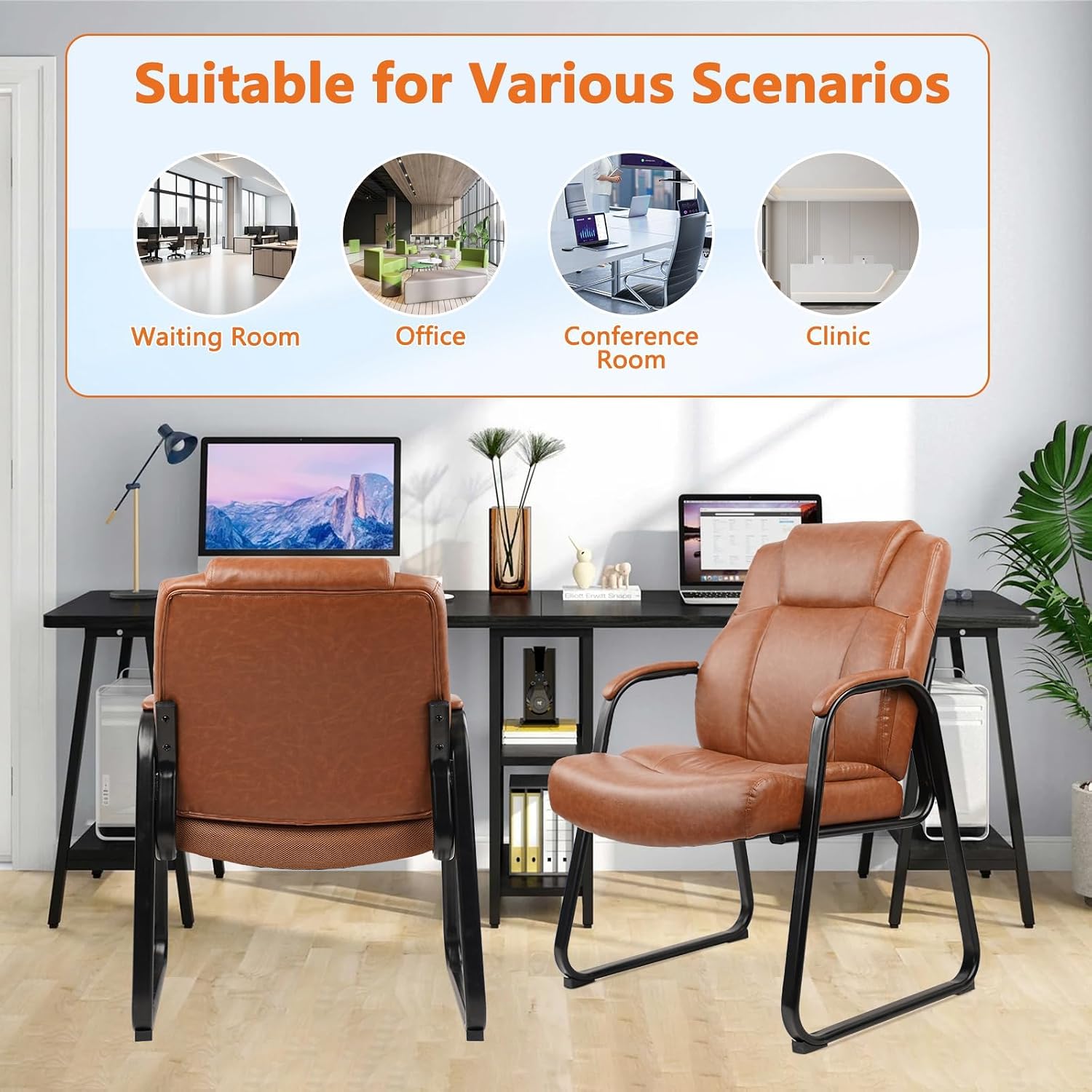 CLATINA Big & Tall 500 LBS Guest Chair, PU Leather Office Reception Chairs with Sled Base, Desk Chair No Wheels for Waiting Room Conference Lobby Computer Living Room School, Brown
