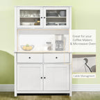 HOMCOM 63.5" Kitchen Buffet with Hutch, Pantry Storage Cabinet with 4 Shelves, Drawers, Framed Glass Doors, Open Microwave Countertop, Antique White
