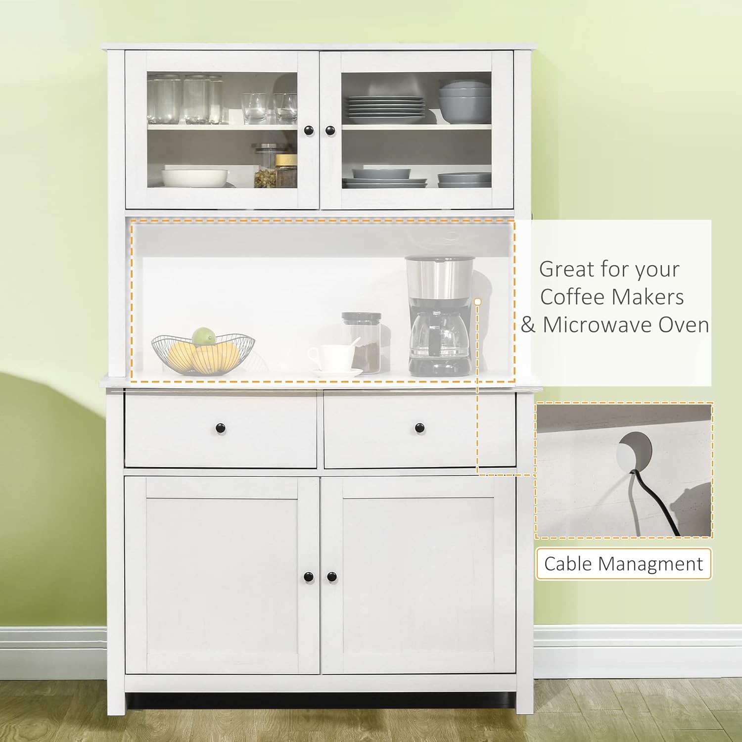HOMCOM 63.5" Kitchen Buffet with Hutch, Pantry Storage Cabinet with 4 Shelves, Drawers, Framed Glass Doors, Open Microwave Countertop, Antique White