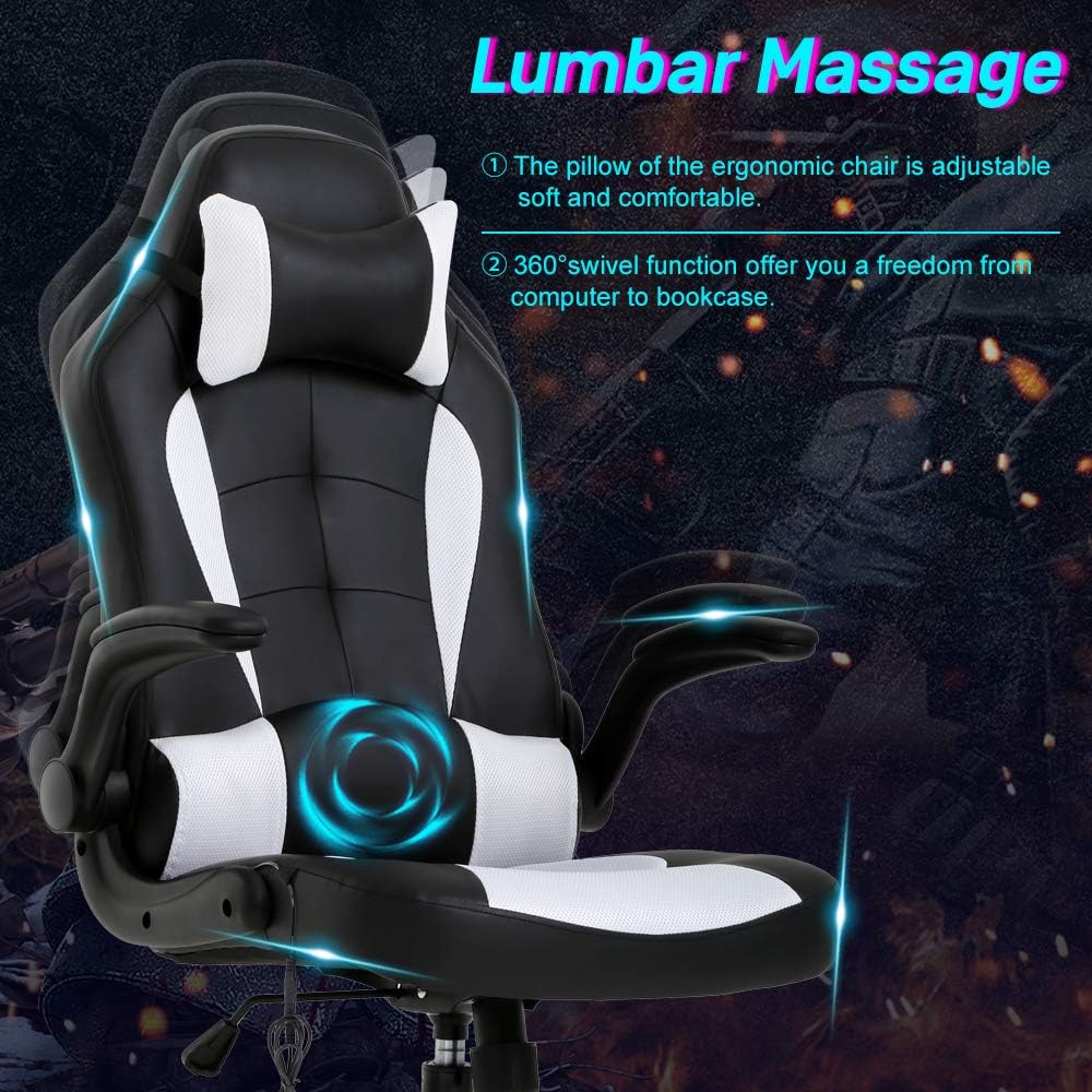 Ergonomic Gaming Office Chair - High Back Executive Computer Chair with Lumbar Support & Flip-Up Arms, PU Leather Adjustable Swivel Chair for Women/Men, Height Adjustable Massage Desk Chair (White)