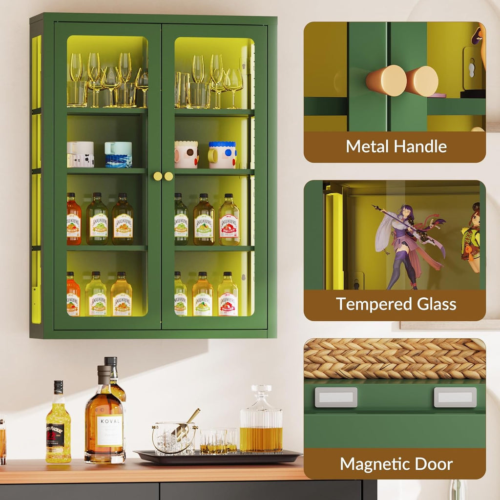Waterproof Bathroom Metal Wall Cabinet with Light, Glass Doors & Adjustable Shelves – Green Over-Toilet Medicine Storage, Small Display Case for Collectibles