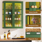 Waterproof Bathroom Metal Wall Cabinet with Light, Glass Doors & Adjustable Shelves – Green Over-Toilet Medicine Storage, Small Display Case for Collectibles