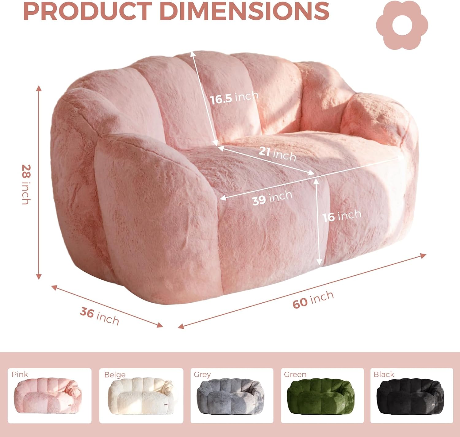 MAXYOYO Bean Bag Chair for Adults, Floral Shaped Bean Bag Sofa | Ultra Soft Faux Fur Floor Sofa, Large Reading Chair for Living Room Bedroom, Pink, Double