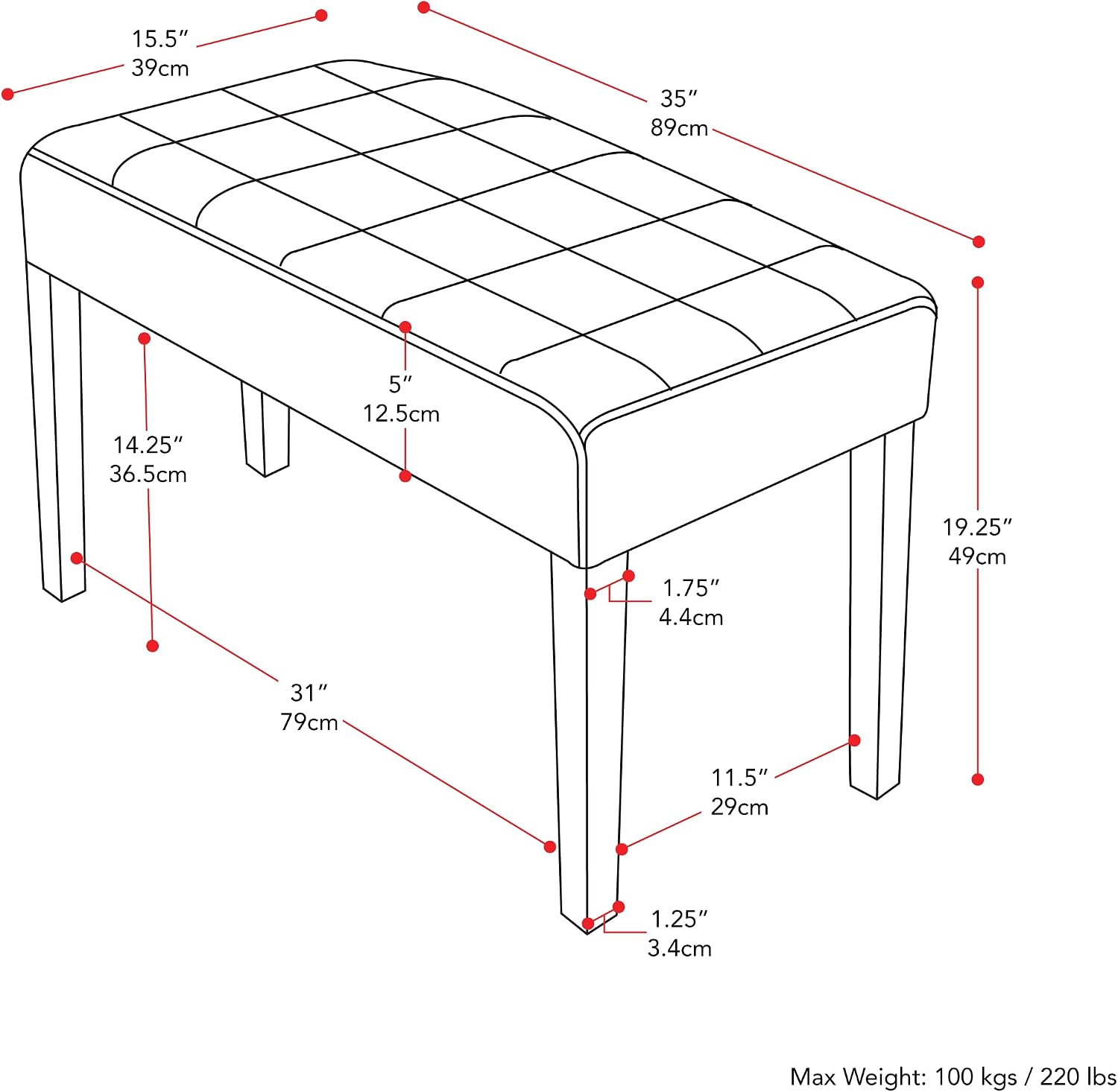 CorLiving California 24 Panel Bench in White Leatherette, White