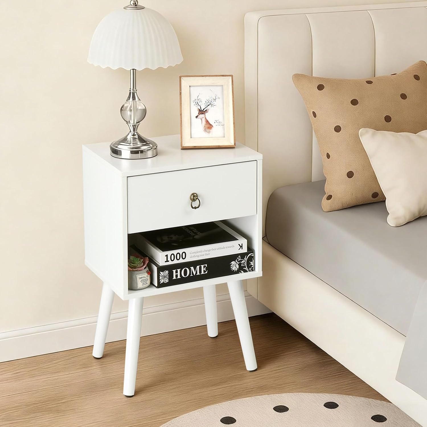 Bonnlo White Nightstand Set of 2, Modern Bedside Table with Drawer Open Shelf, End Table with Solid Wood Legs for Bedroom,