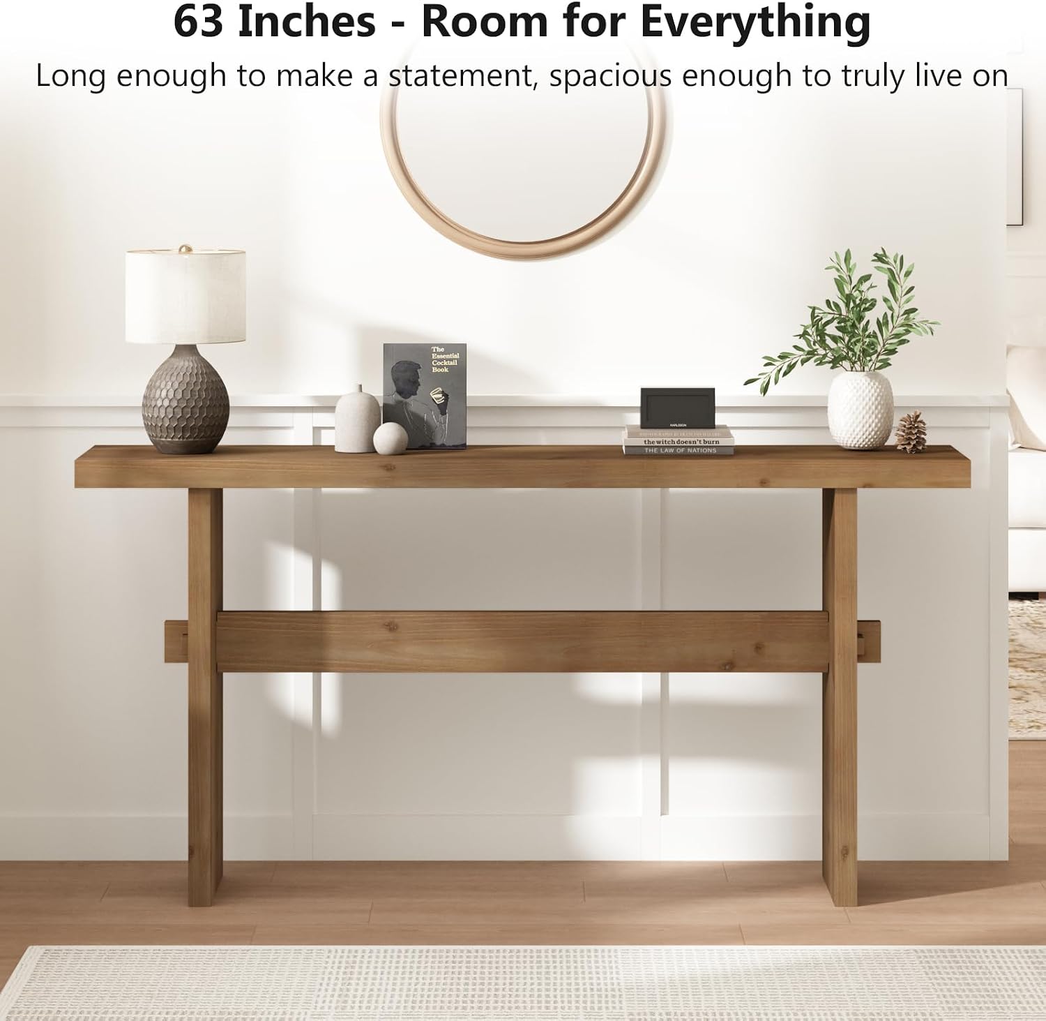 Solid Wood Console Table, 63" Farmhouse Entryway Table with Sturdy Mortise and Tenon Joints, Rustic Sofa Table for Hallway, Behind Couch, Foyer, 15 Mins Easy Assembly