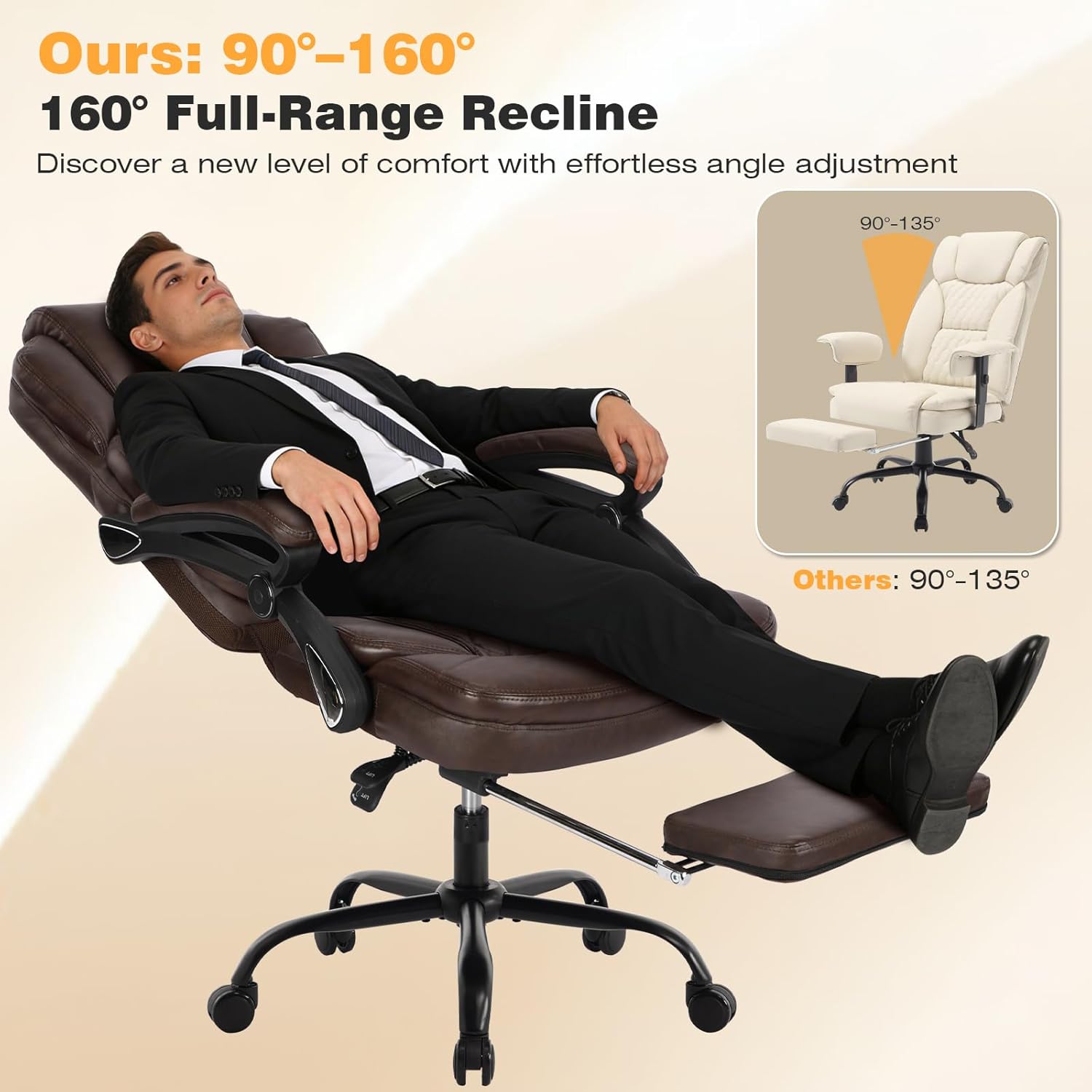 400lbs Ergonomic Reclining Office Chair with Footrest, Plus Size Big Tall Leather Recliner Office Desk Chairs with Foot Leg Rest, Brown