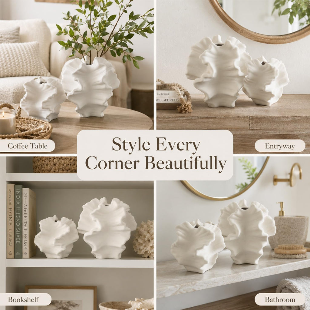 White Coral Vase Set of 2, Rustic Ceramic Flower Vase, Boho Farmhouse Coastal Charm Style, Decorative Pampas Vases for Home Living Room, Kitchen, Coffee Table, Bathroom, Shelf, Entryway & Fireplace