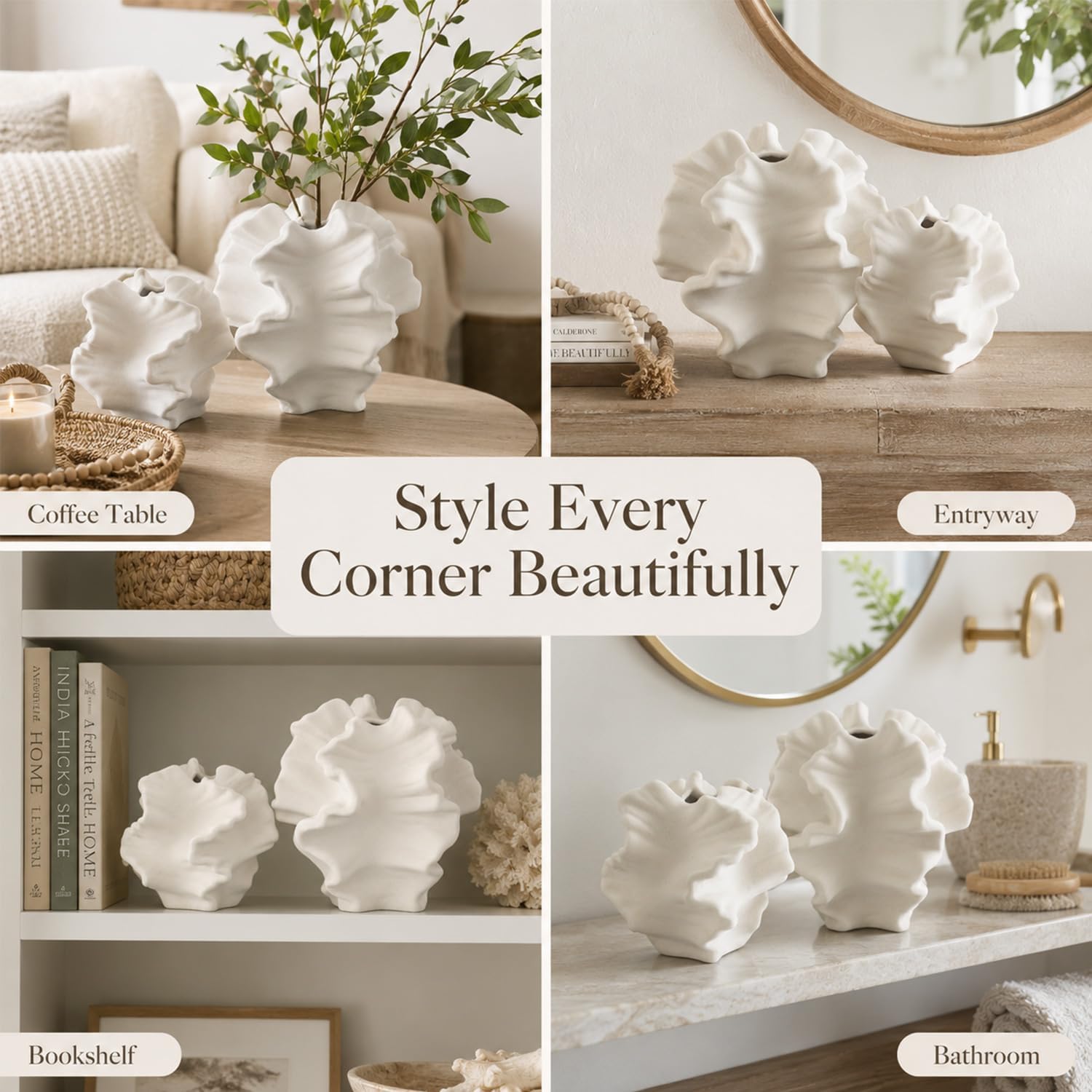 White Coral Vase Set of 2, Rustic Ceramic Flower Vase, Boho Farmhouse Coastal Charm Style, Decorative Pampas Vases for Home Living Room, Kitchen, Coffee Table, Bathroom, Shelf, Entryway & Fireplace
