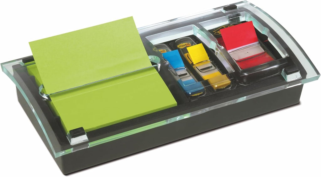 Post-it Note and Flag Dispenser, Sticky Note Holder, Black Base with Clear Top, Includes 1 Sticky Note Pad and 2 Pads of Flags, Classroom or Office Supplies