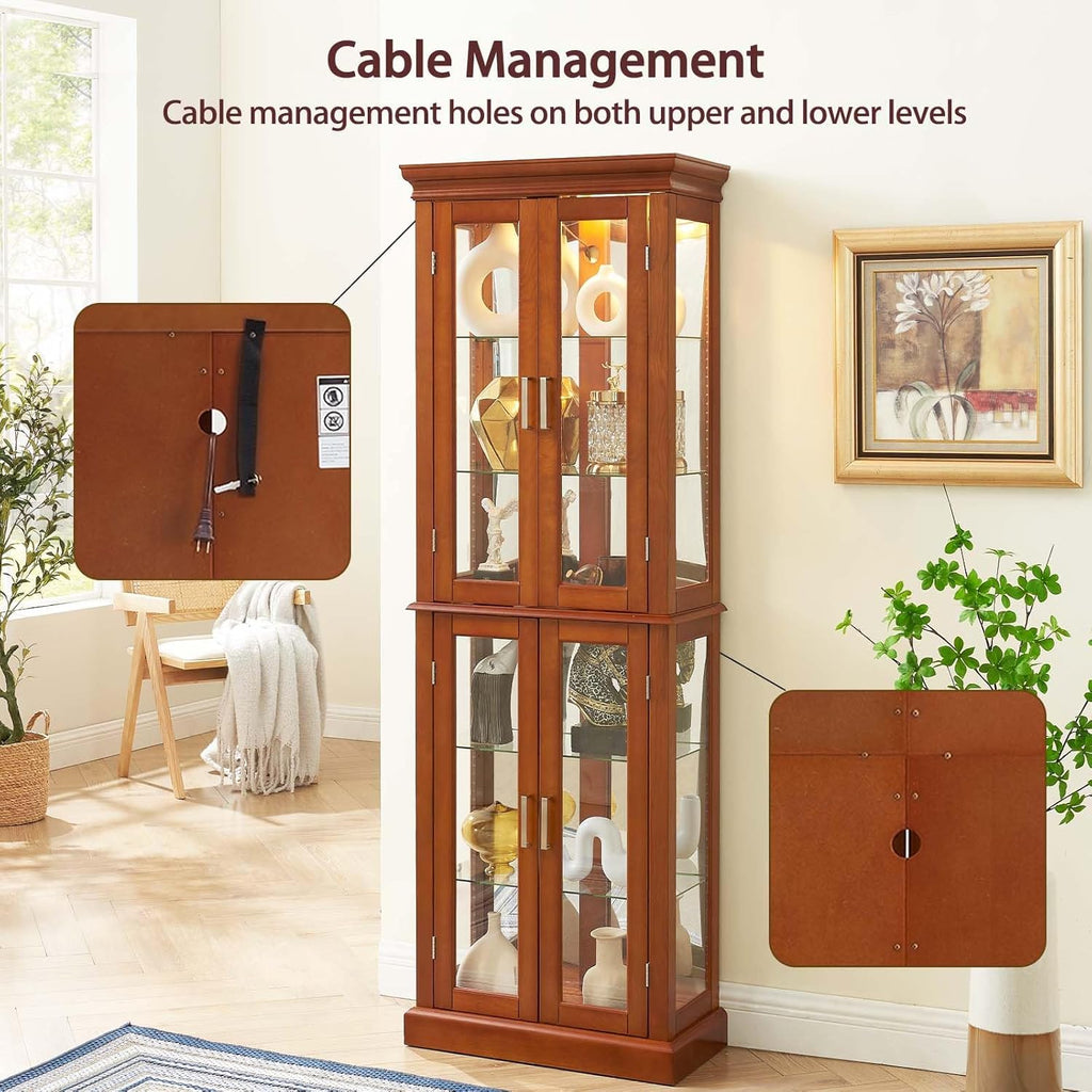 70"H Curio Cabinet,Curio Cabinet with Glass Doors,Wood Display with Adjustable Glass Shelves,Lighted Curios Cabinets,Vintage Accent Storage Cabinets with 6 Shelves,Curiocabinet for Living Room(Walnut)
