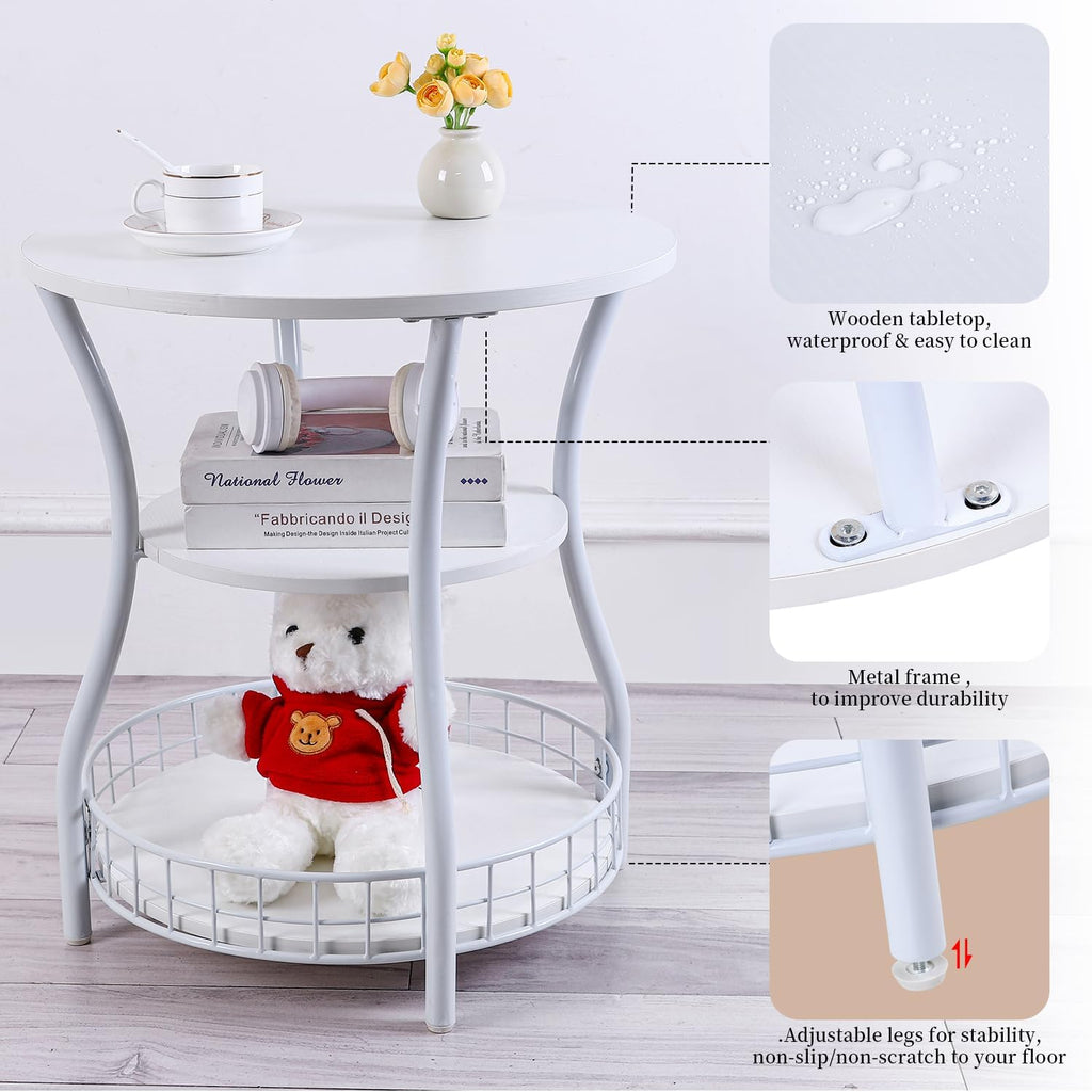 Round Side Table, 3-Tier Circular End Table with Storage Shelf,White Accent Sofa Table for Small Spaces,Round Corner Coffee Table for Living Room, Bedroom,19.6 inch Diameter