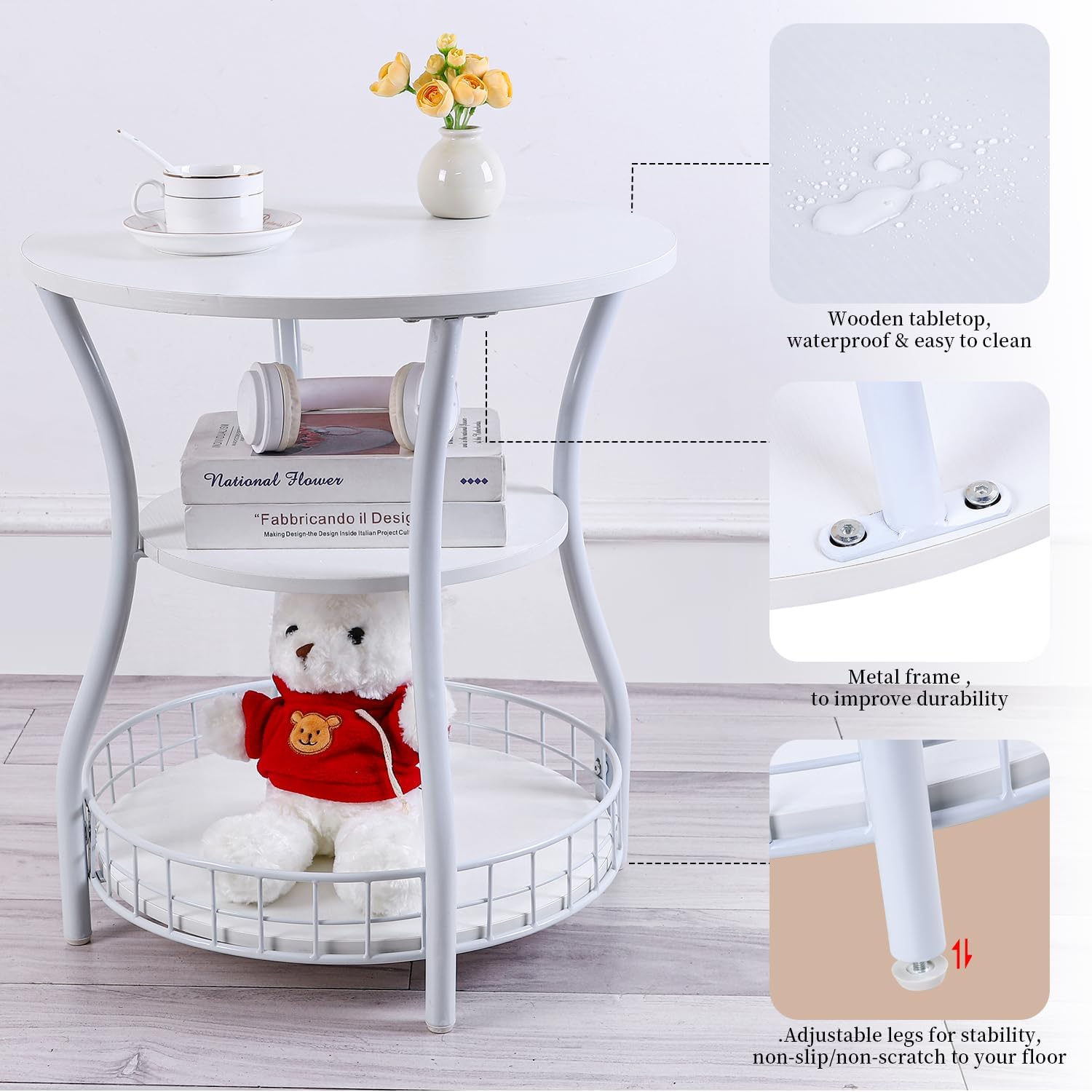 Round Side Table, 3-Tier Circular End Table with Storage Shelf,White Accent Sofa Table for Small Spaces,Round Corner Coffee Table for Living Room, Bedroom,19.6 inch Diameter