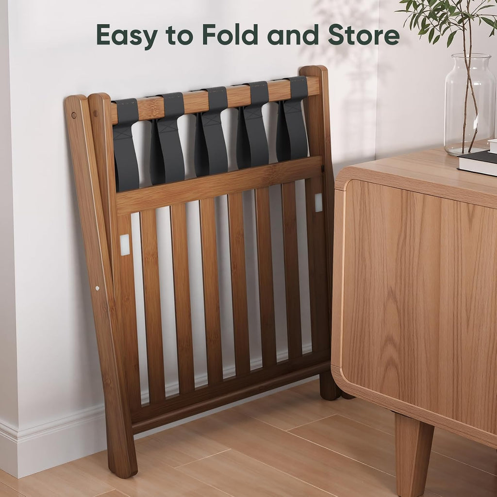 Smart FENDEE 26.77“ Fully Assembled Dark Walnut Luggage Racks with Folable Storage Shelf, 5 Heavy-Duty Straps Bamboo Suitcase Stand, Luggage Holders for Guest Room, Bedroom, Hotel