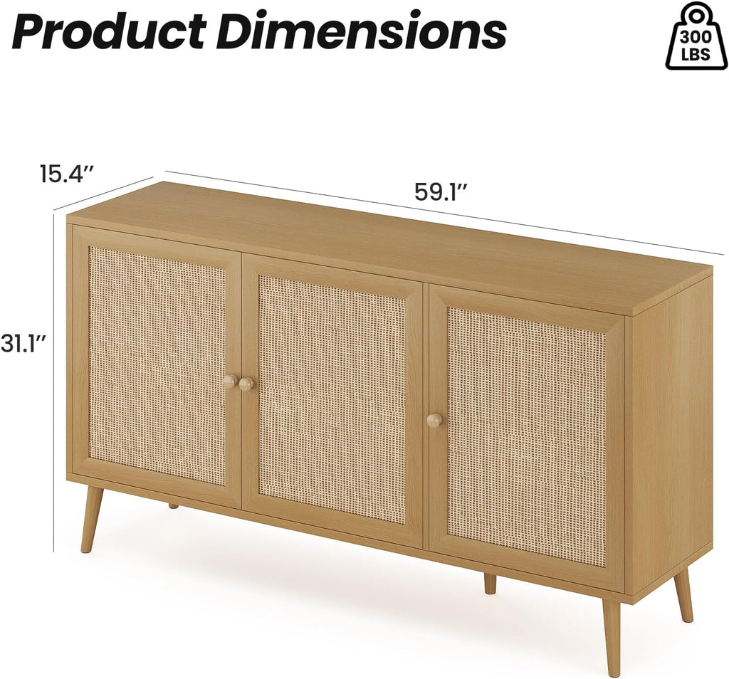 Farini 59.1" Buffet Cabinet with 3 Rattan Doors,Kitchen Sideboard for Dining Room, Hallway & Living Room, Coffee Bar Storage Console Table,Natural